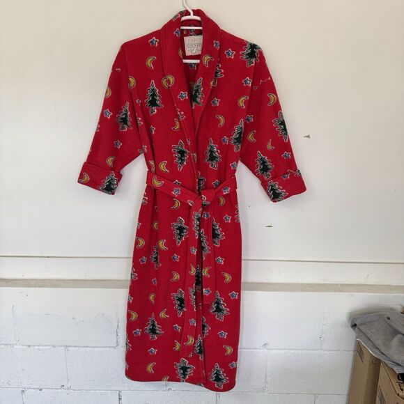 Erika Taylor Country Full Length Christmas Tree Fleece Warm Robe Red EUC Size L - Picture 2 of 13